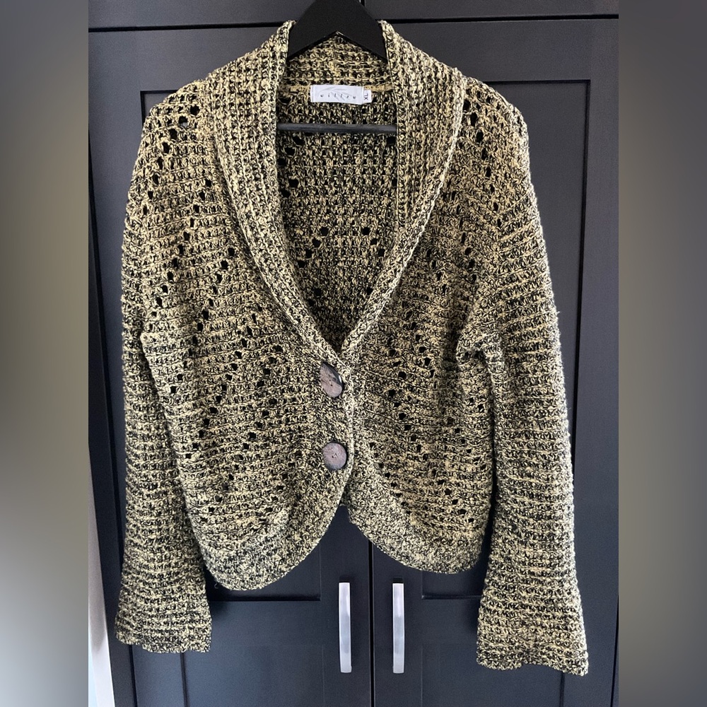 🌻🖤 Willow Boho Crochet Knit Cotton Blend Yellow Black Cardigan Sweater XL EUC
